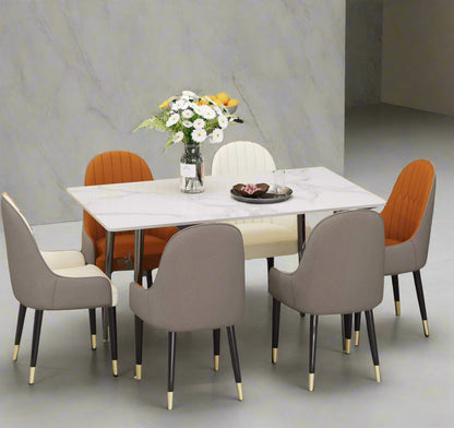A rectangular marble cafeteria table surrounded by 6 chairs sold by WorkZen Interiors