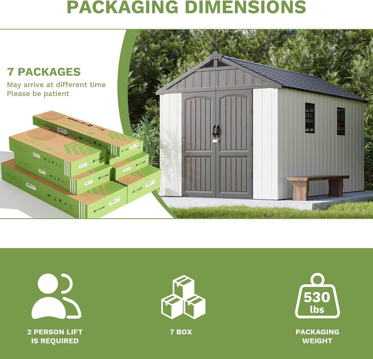 Resin outdoor storage shed with packaging dimensions and weight information displayed.