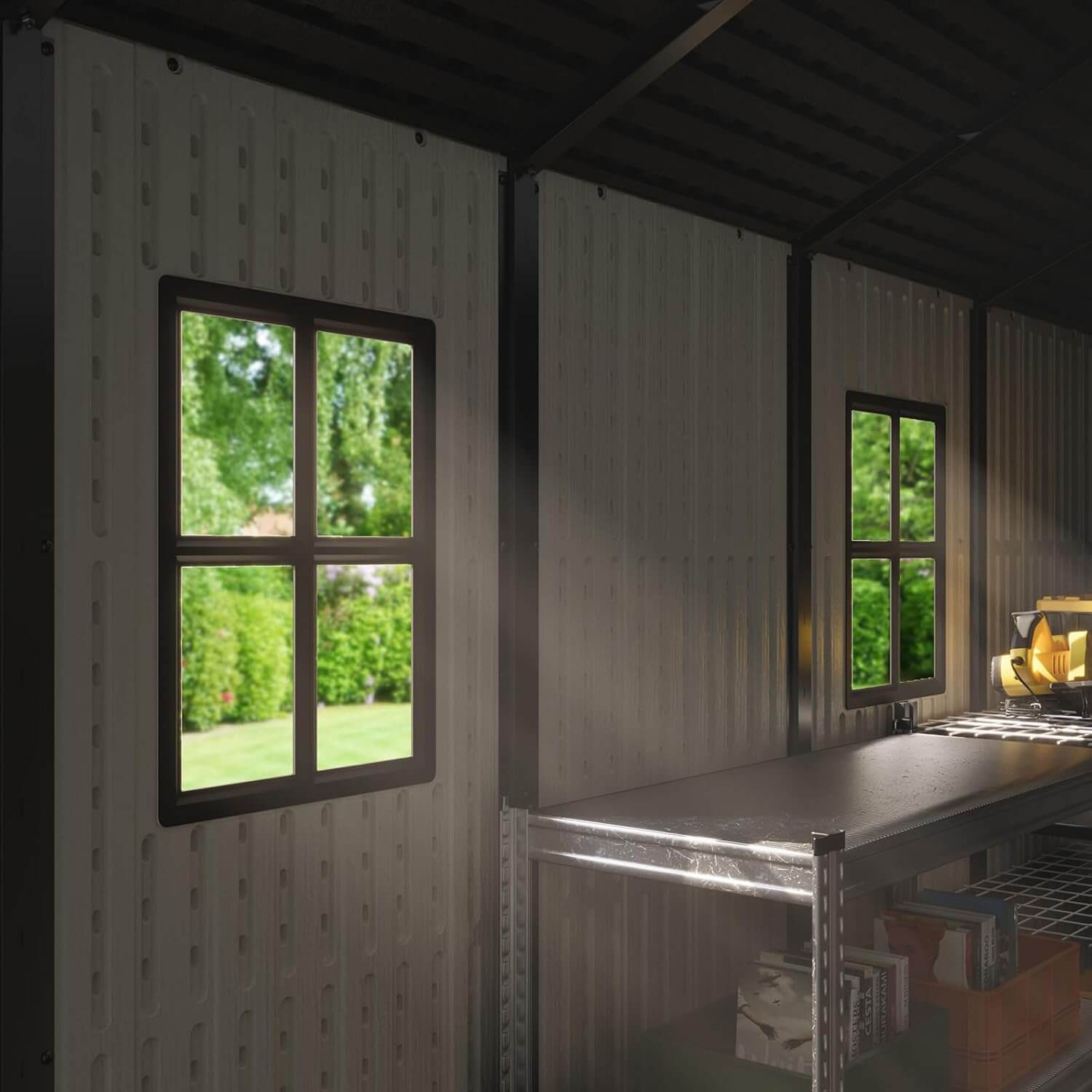 Modern interior of a resin outdoor storage shed with windows showing greenery outside.