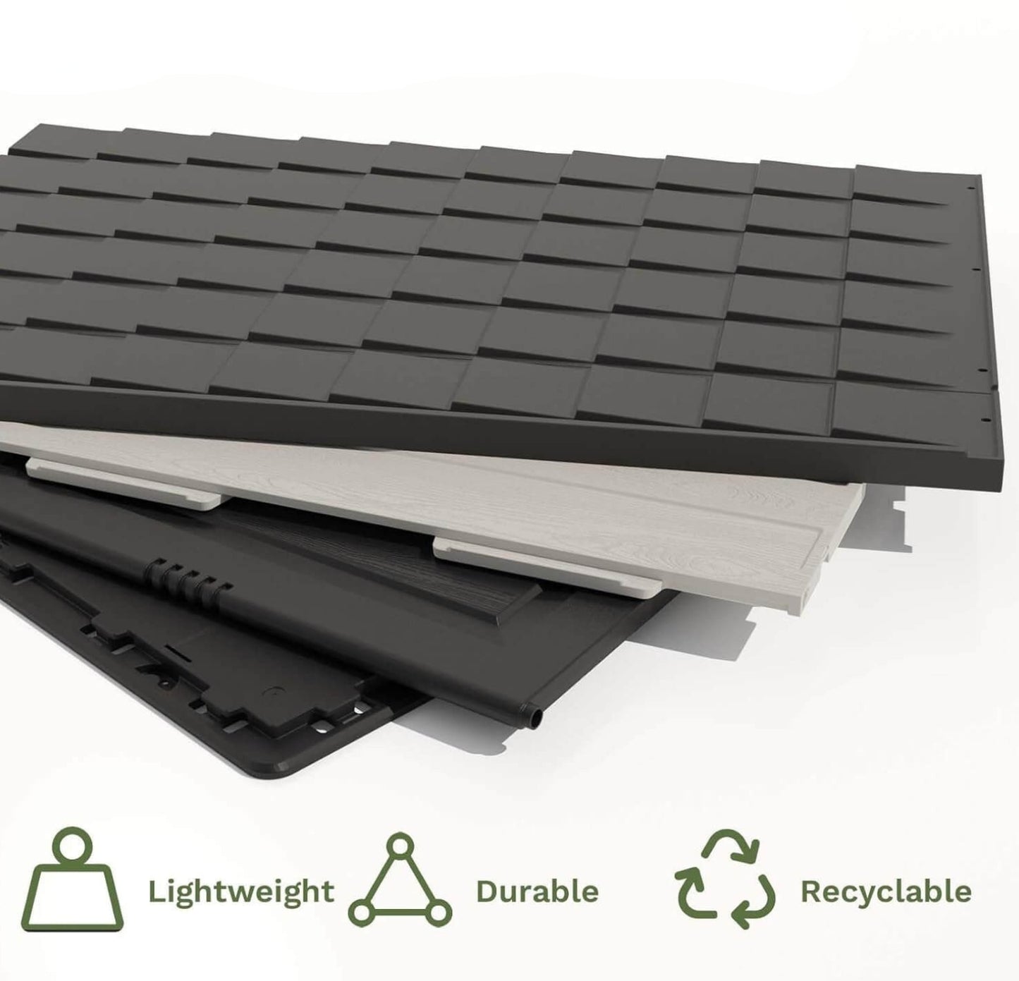 Stack of black and gray resin outdoor storage shed with sustainability icons on a white background