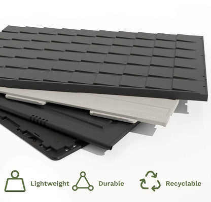 Stack of black and gray resin outdoor storage shed with sustainability icons on a white background