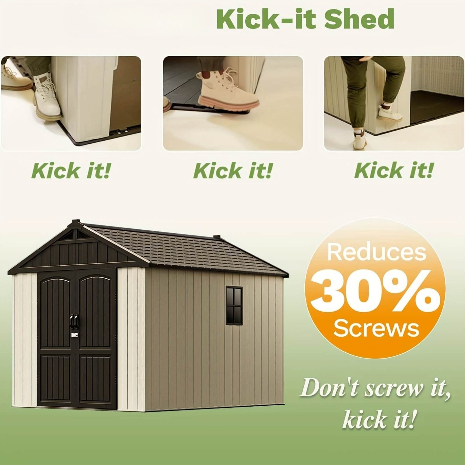 Advertisement for a 'Kick-it Shed' with text and images of people kicking it.