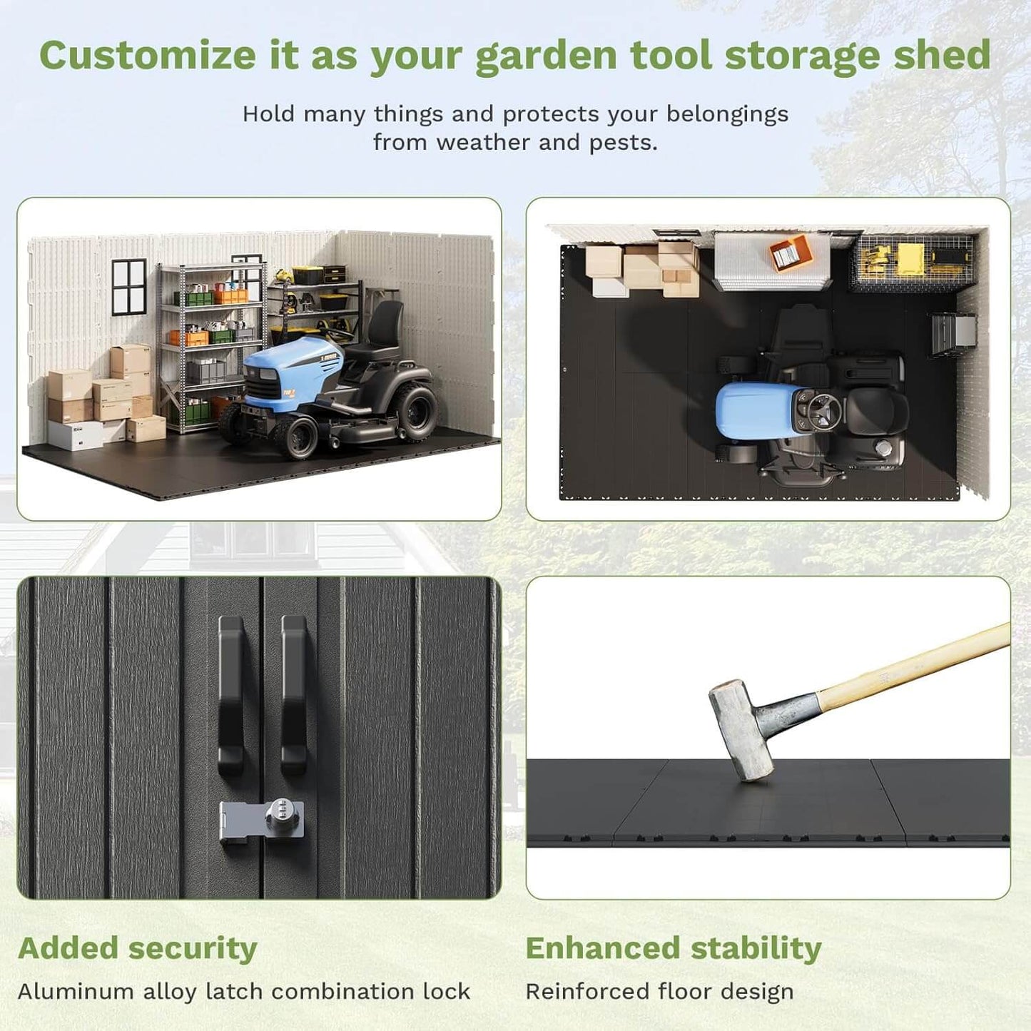 Garden tool resin outdoor storage shed with features highlighted on a light green background