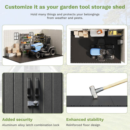Garden tool resin outdoor storage shed with features highlighted on a light green background