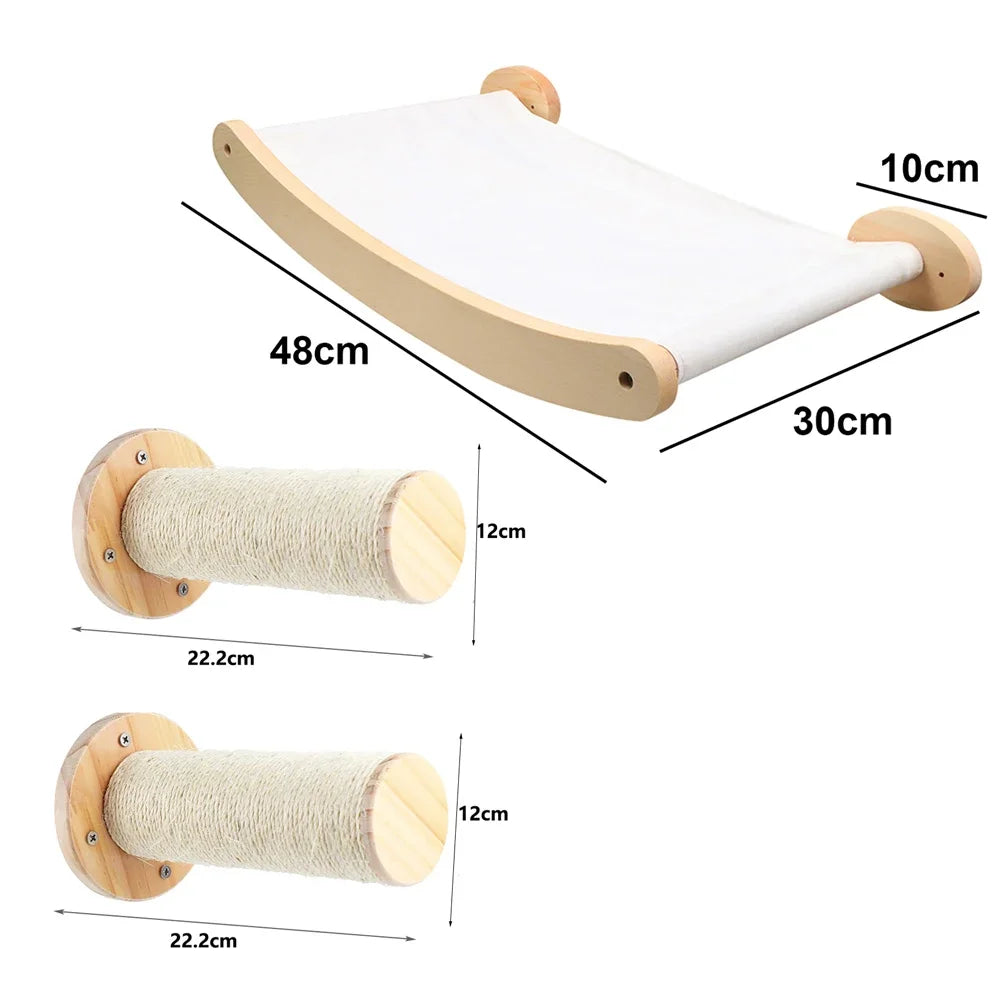 Dimensions of a wall-mounted cat scratcher with white cushion and wooden posts.