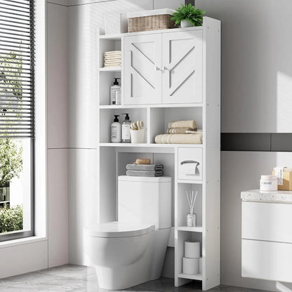 White above the toilet storage cabinets​ next to a toilet in a modern bathroom.