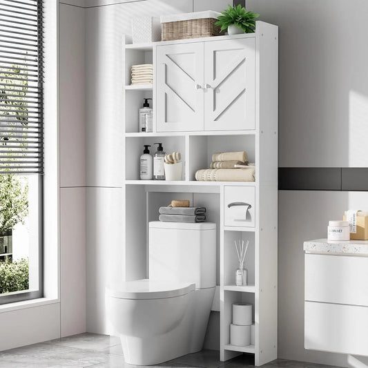White above the toilet storage cabinets​ next to a toilet in a modern bathroom.
