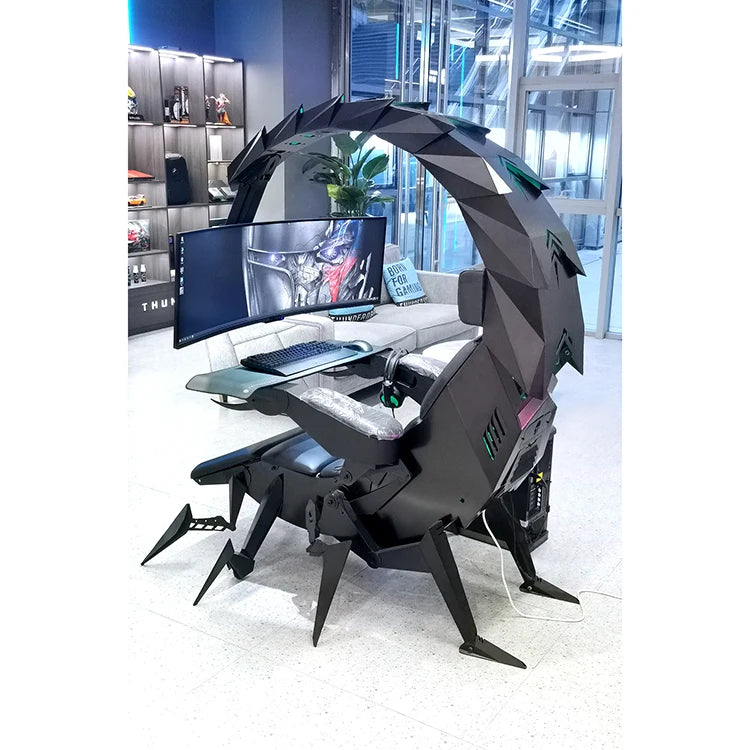 Scorpion gaming cockpit with a desk setup in a stylish room.