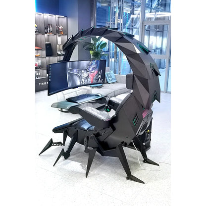 Scorpion gaming cockpit with a desk setup in a stylish room.