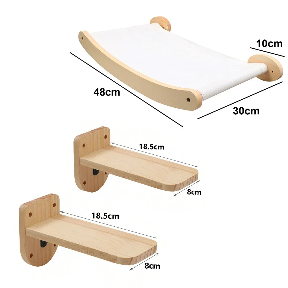 Wooden pet shelf with dimensions labeled on a white background