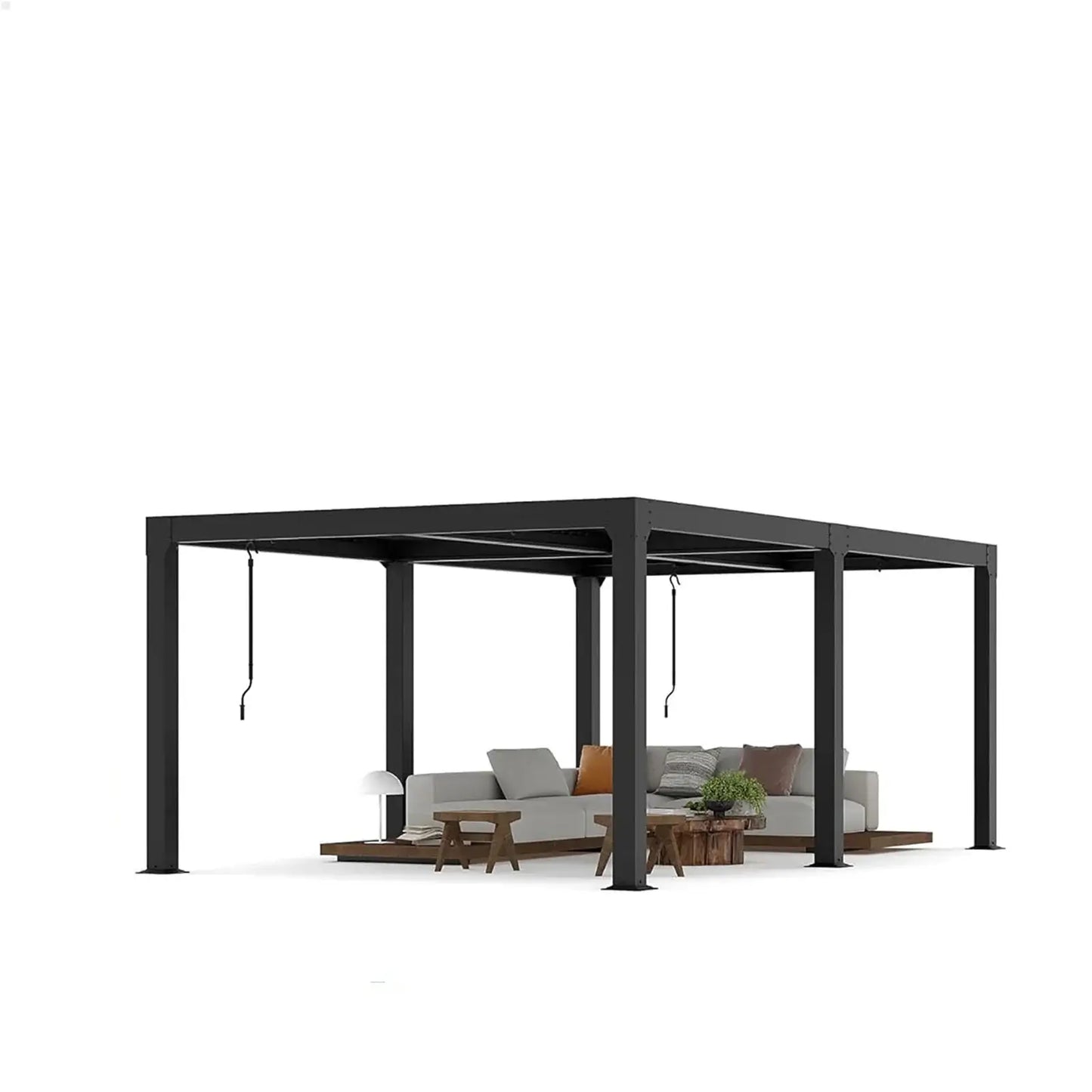 A modern pergola over a beige sectional sofa, surrounded by greenery and trees