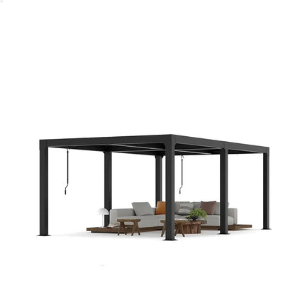 A modern pergola over a beige sectional sofa, surrounded by greenery and trees