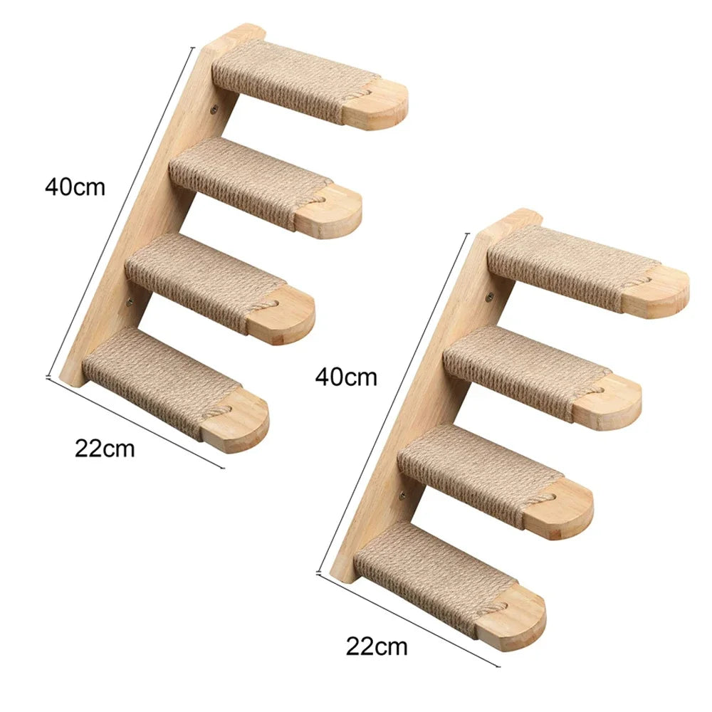 Two wooden cat climbing shelves with dimensions labeled on a white background