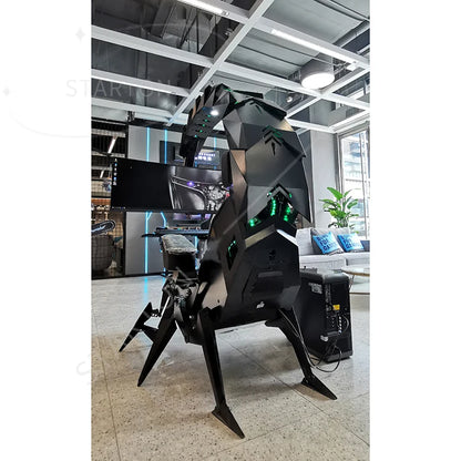 Modern scorpion gaming chair with a unique black geometric chair and large windows.