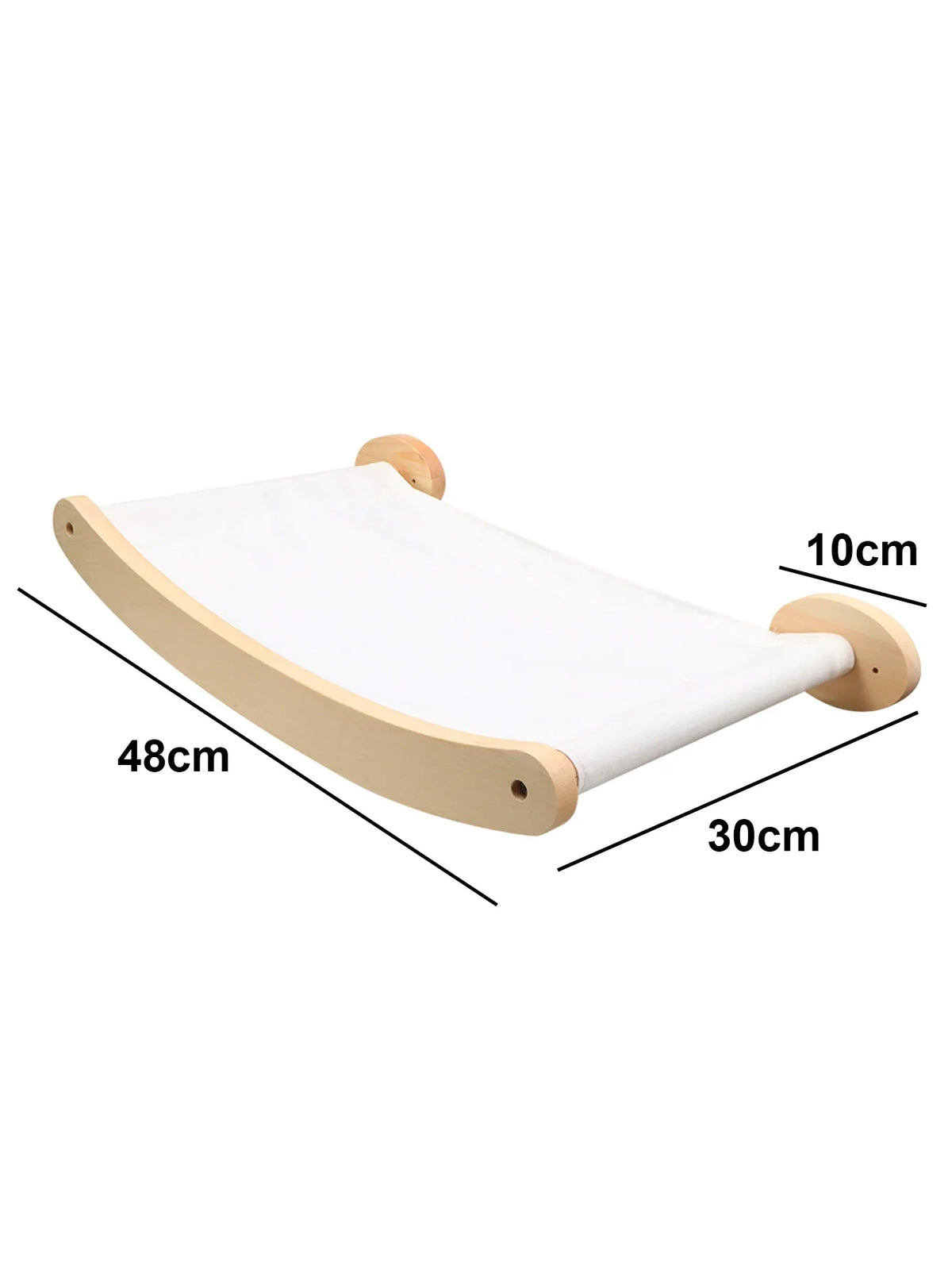 Wooden pet hammock with dimensions labeled on a white background