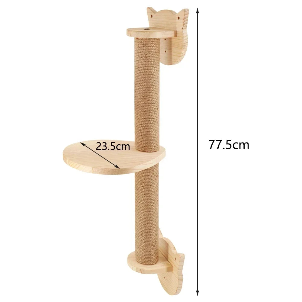 Wooden cat scratcher with dimensions on a white background