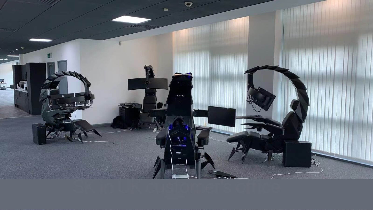 4 scorpion gaming cockpits in an office space