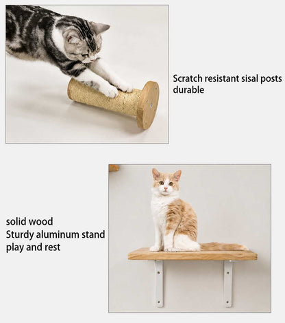 A cat scratcher and wall perch set shown with cats in use. The top inset shows a gray-and-white cat pushing a cylindrical sisal scratching post, with text noting it is scratch resistant.