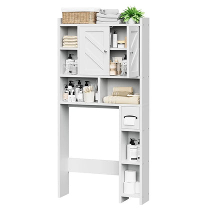 White bathroom storage cabinet with shelves and a door, filled with toiletries and towels.