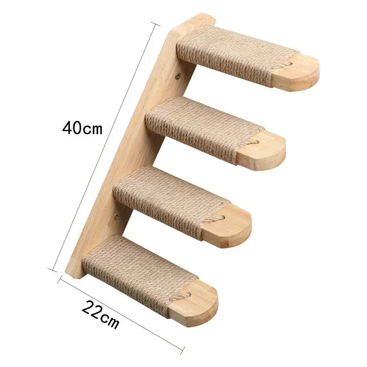 Wooden cat climbing shelf with sisal-wrapped steps and measurements on a white background