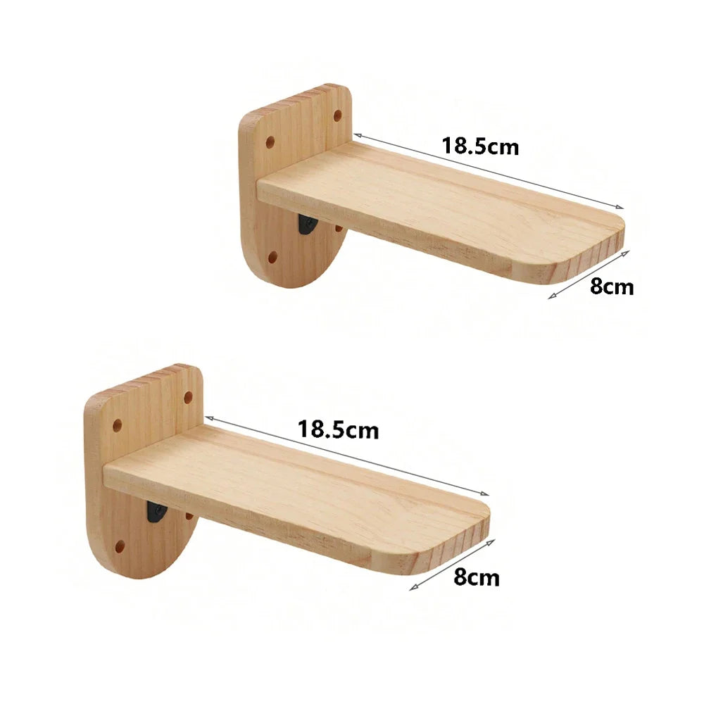 Two wooden wall shelves with measurements on a white background