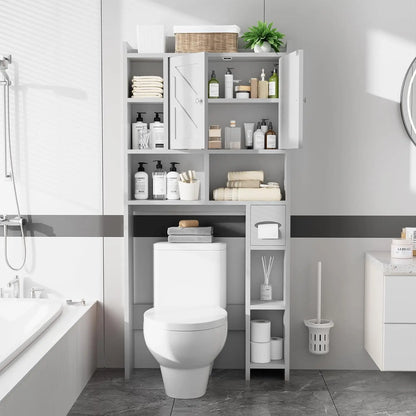 Bathroom with a toilet and storage cabinet containing toiletries and towels.