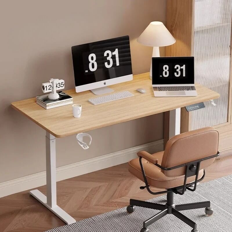 An adjustable wood desk sold by WorkZen Interiors