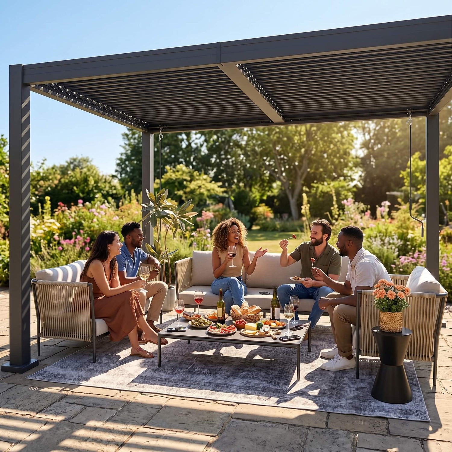 Group of people enjoying a meal under a pergola on a sunny day.