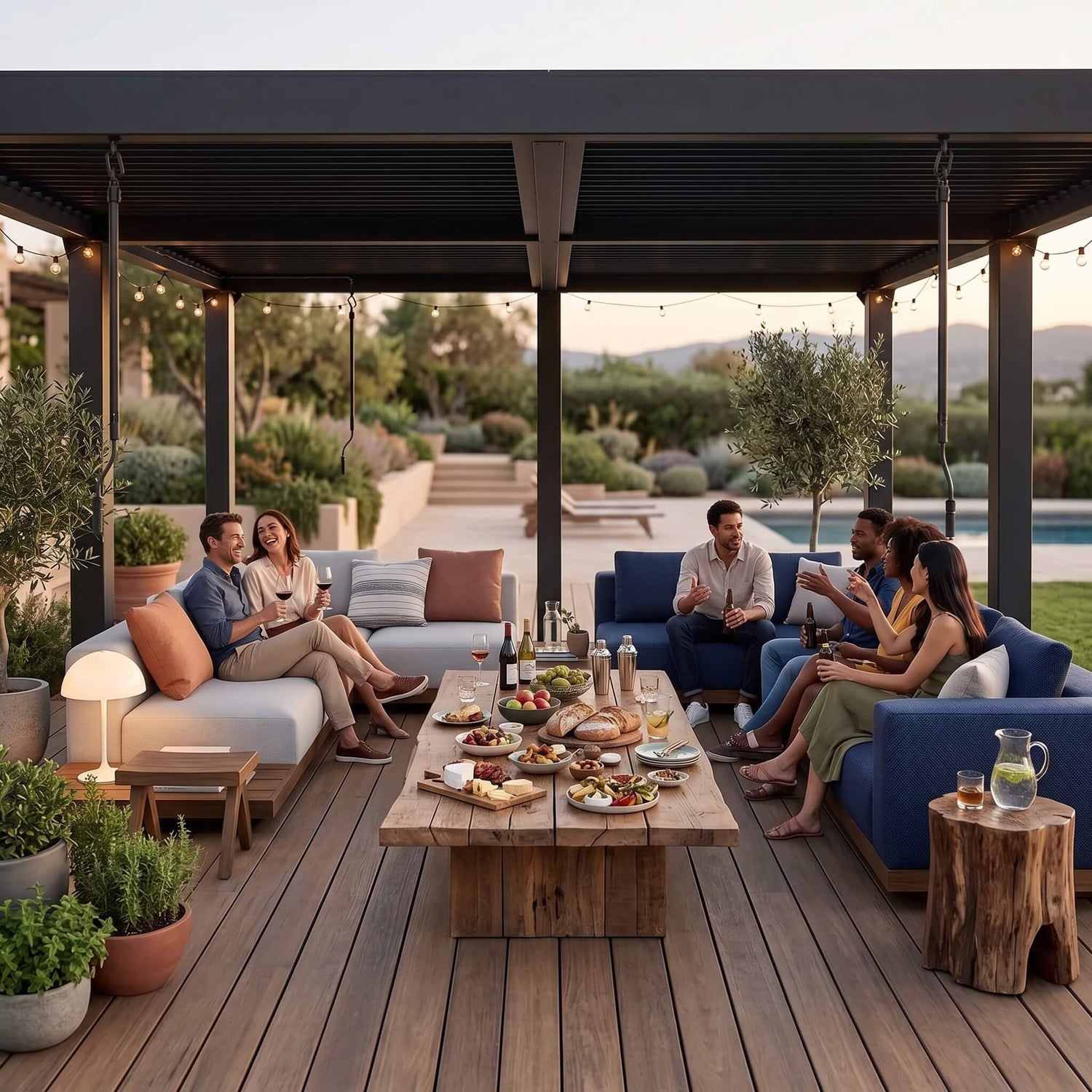 Group of people sitting on outdoor furniture with a wooden table and food under a louvered pergola, surrounded by plants and a pool.