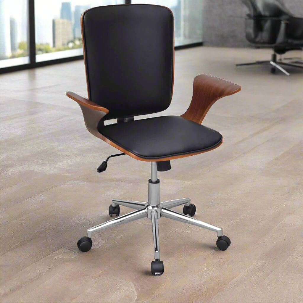 A Swivel Leather Office Chair being used in an office.