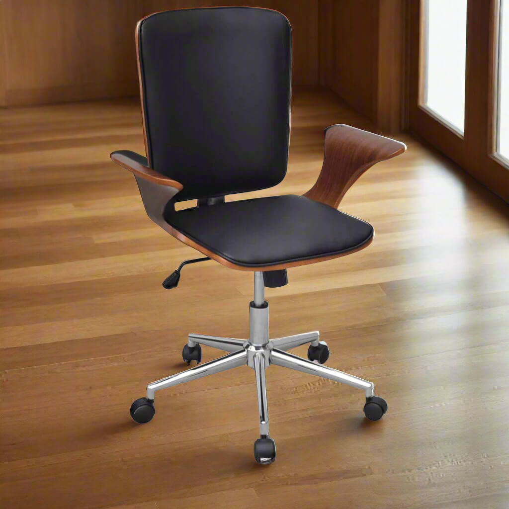 A Swivel Leather Office Chair used in an all wooden office.