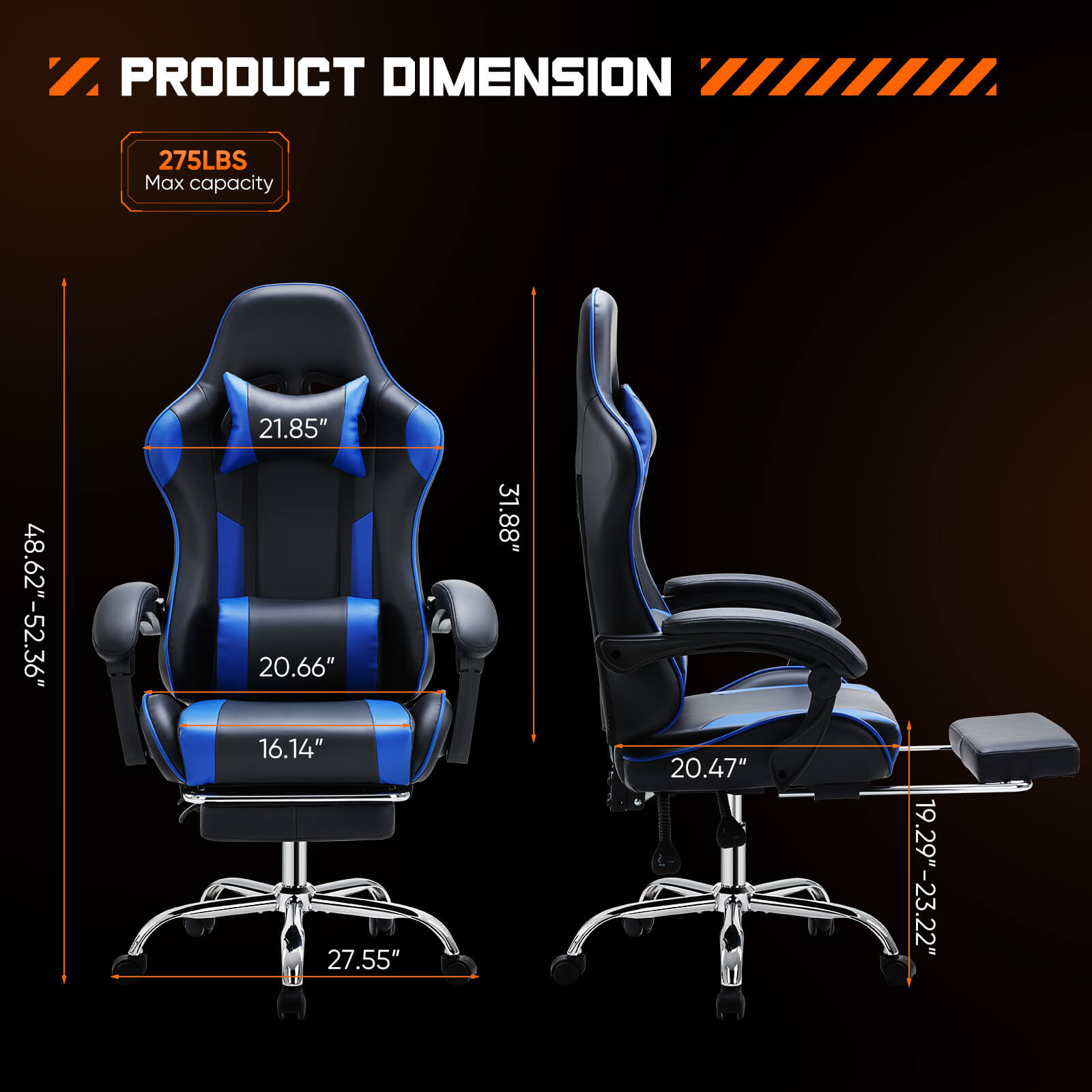 Dimensions of a black and blue Tall Gaming Chair sold by WorkZen Interiors