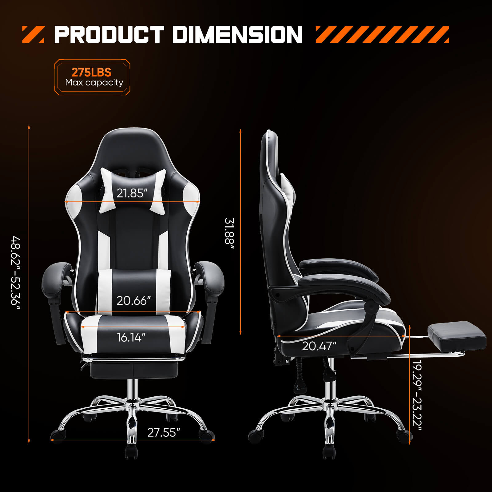Dimensions of a black and white Tall Gaming Chair sold by WorkZen Interiors