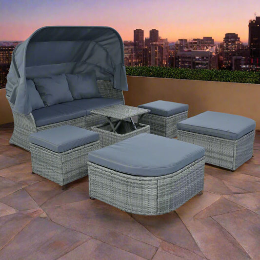 A gray folding patio set sold by WorkZen Interiors