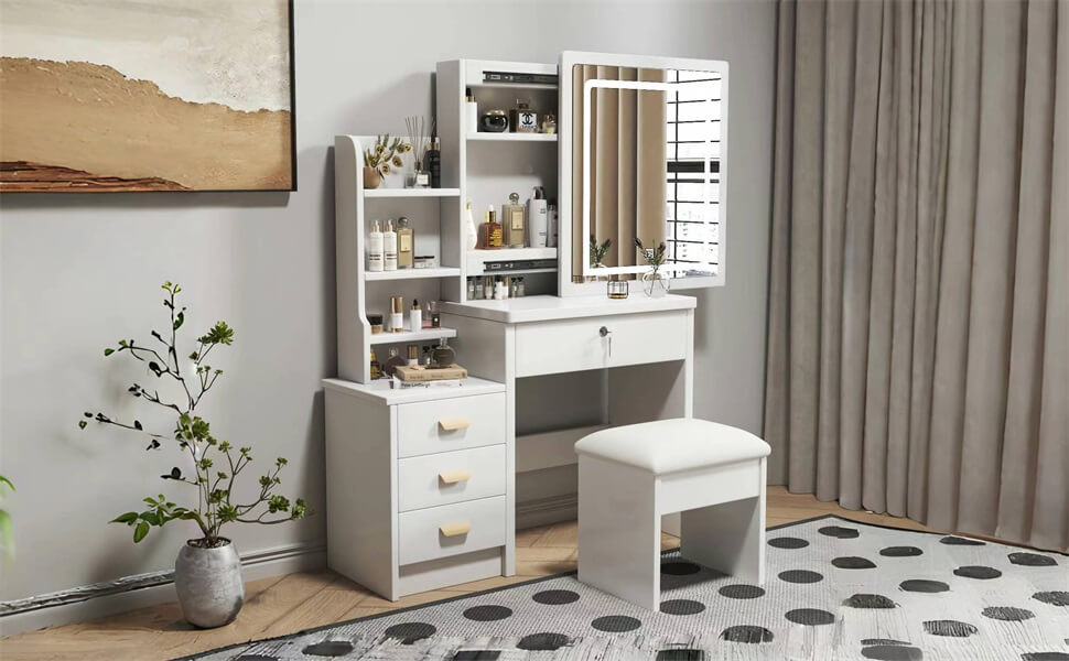 White vanity table with mirror and stool in a room setting.