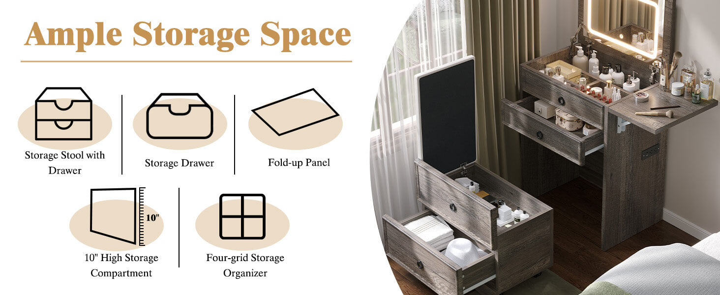 Bathroom vanity with storage features and icons indicating storage options.