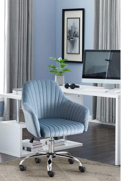 A velvet office chair in a home office 