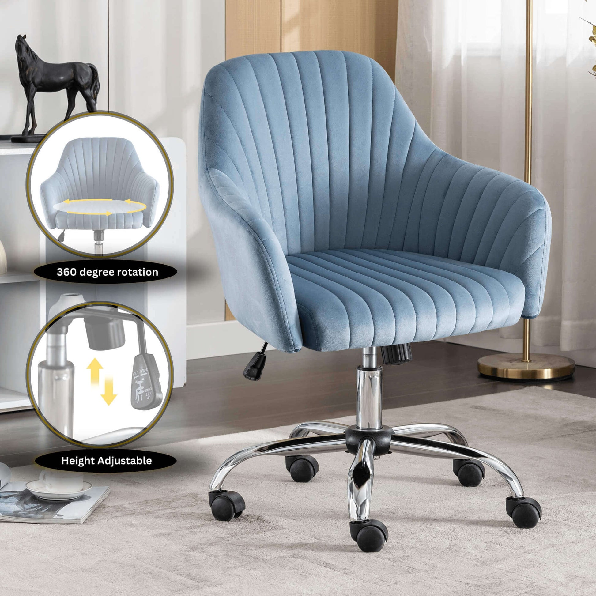 A velvet office chair sold by WorkZen Interiors with its component parts