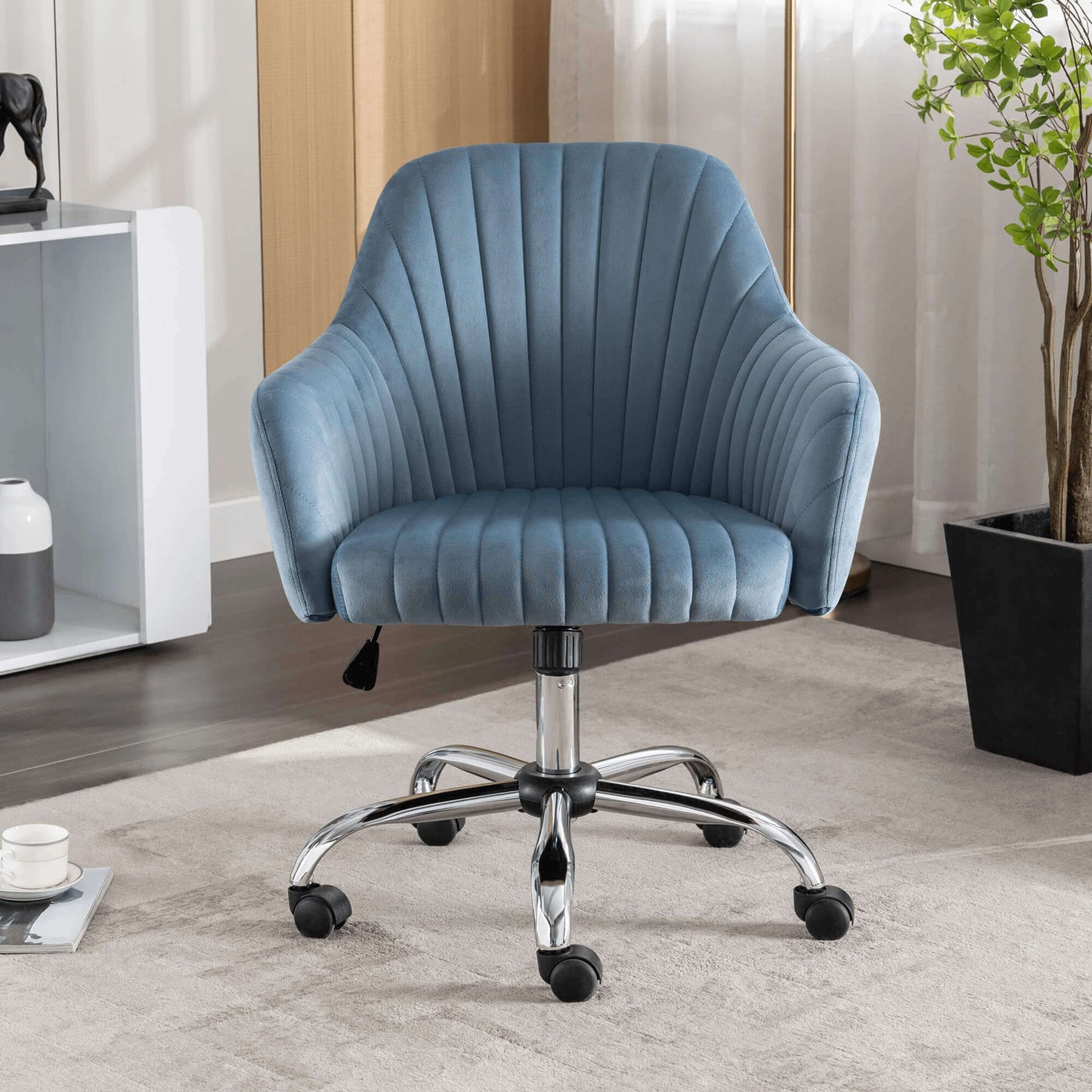 A velvet office chair in a professional office setting.