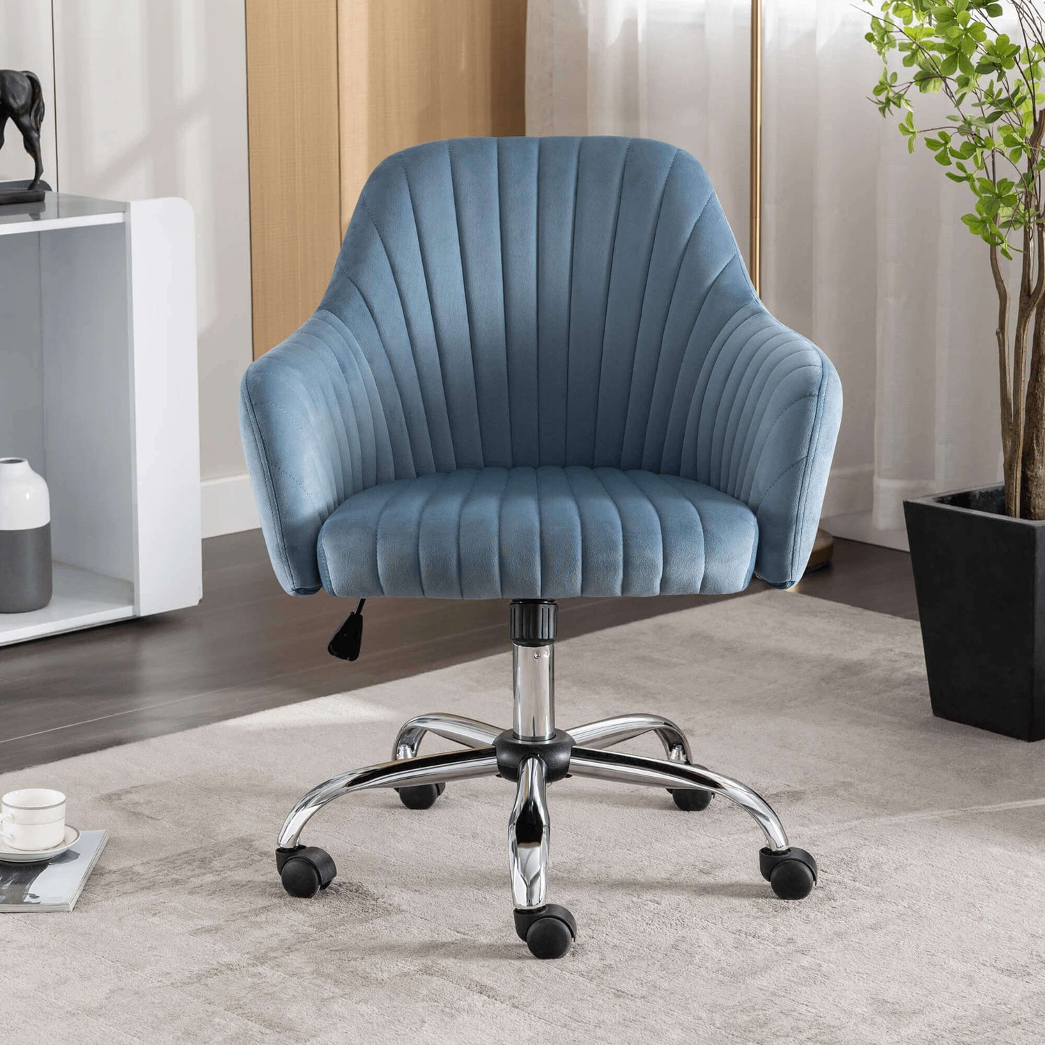 A velvet office chair in a professional office setting.