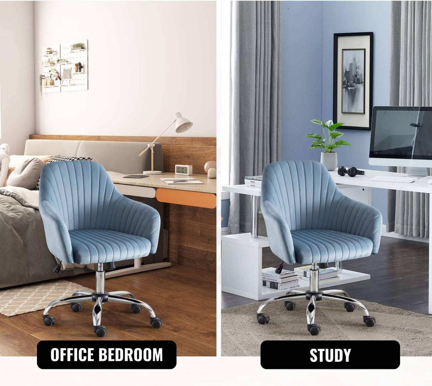 A velvet office chair sold by WorkZen Interiors used in a bed office and study