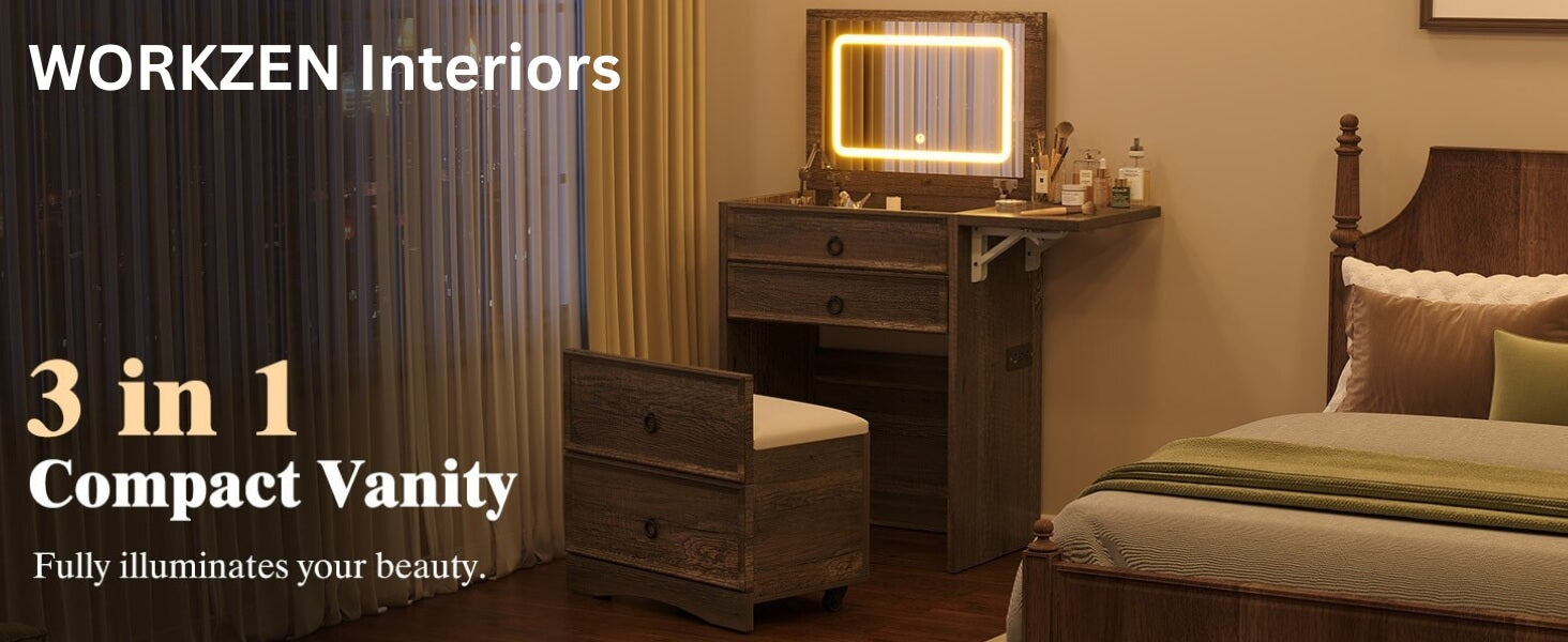 Compact vanity with mirror and drawers in a bedroom setting.