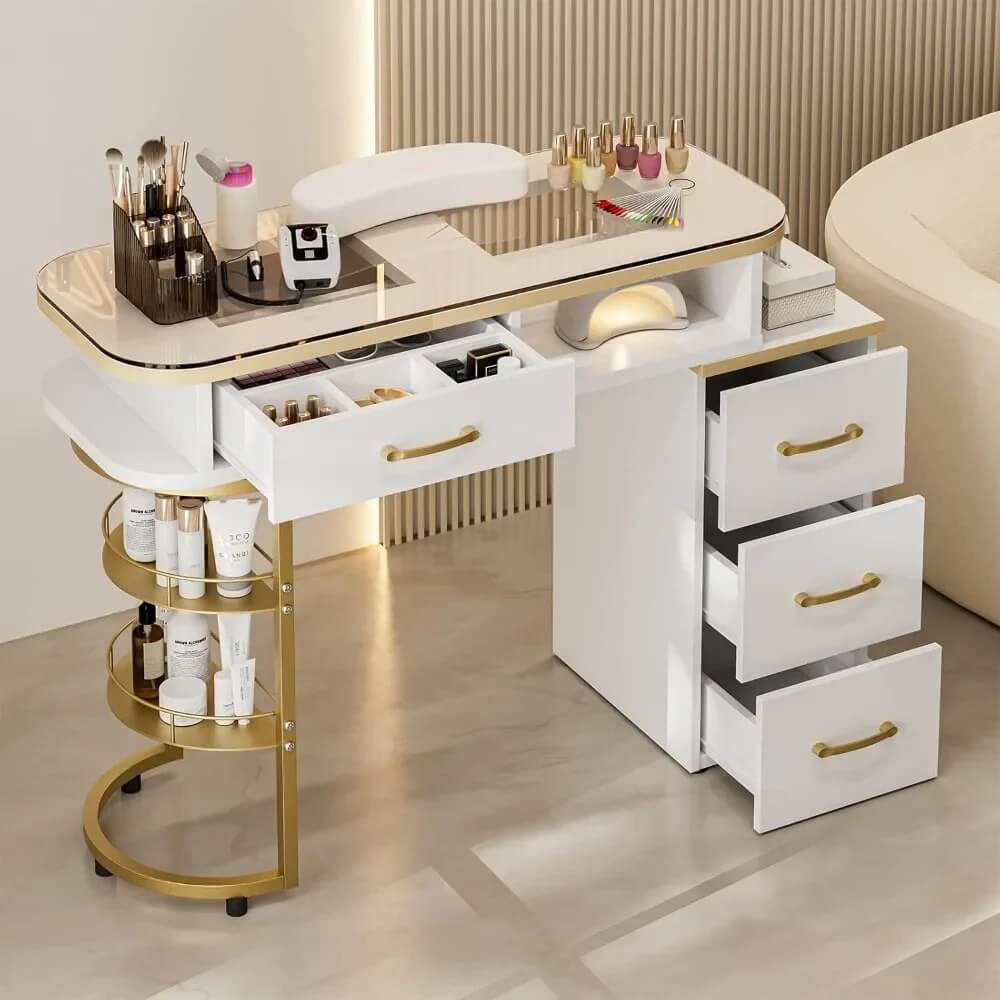 A white manicure table sold by WorkZen Interiors
