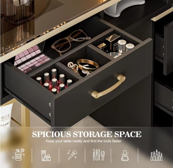 A drawer of a black manicure table sold by WorkZen Interiors