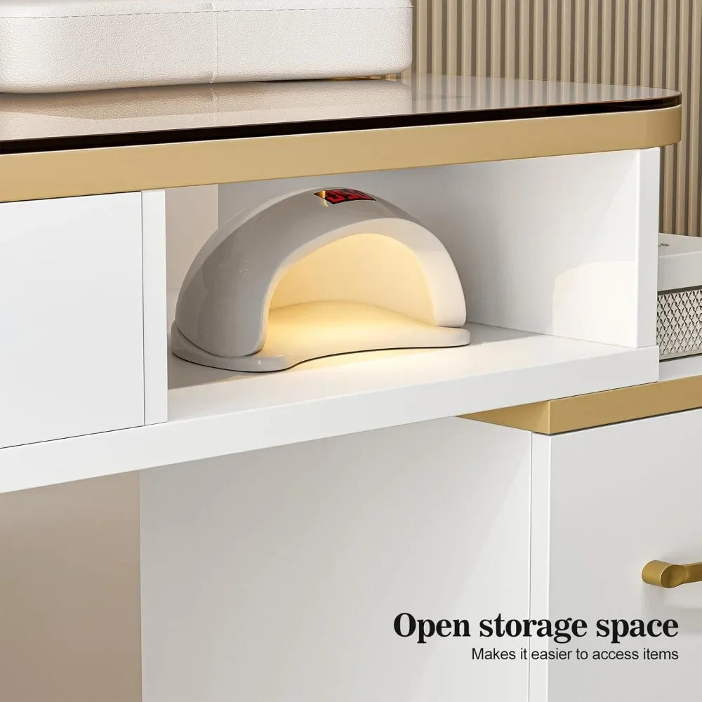An open storage space of a white manicure table sold by WorkZen Interiors