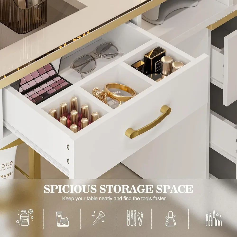 A spacious drawer of a white manicure table sold by WorkZen Interiors