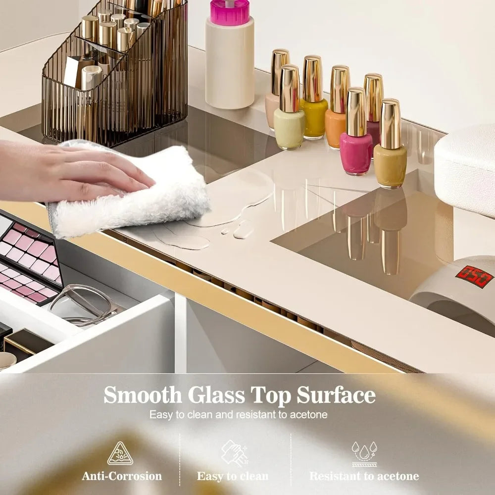 Smooth glass top surface of a white manicure table sold by WorkZen Interiors