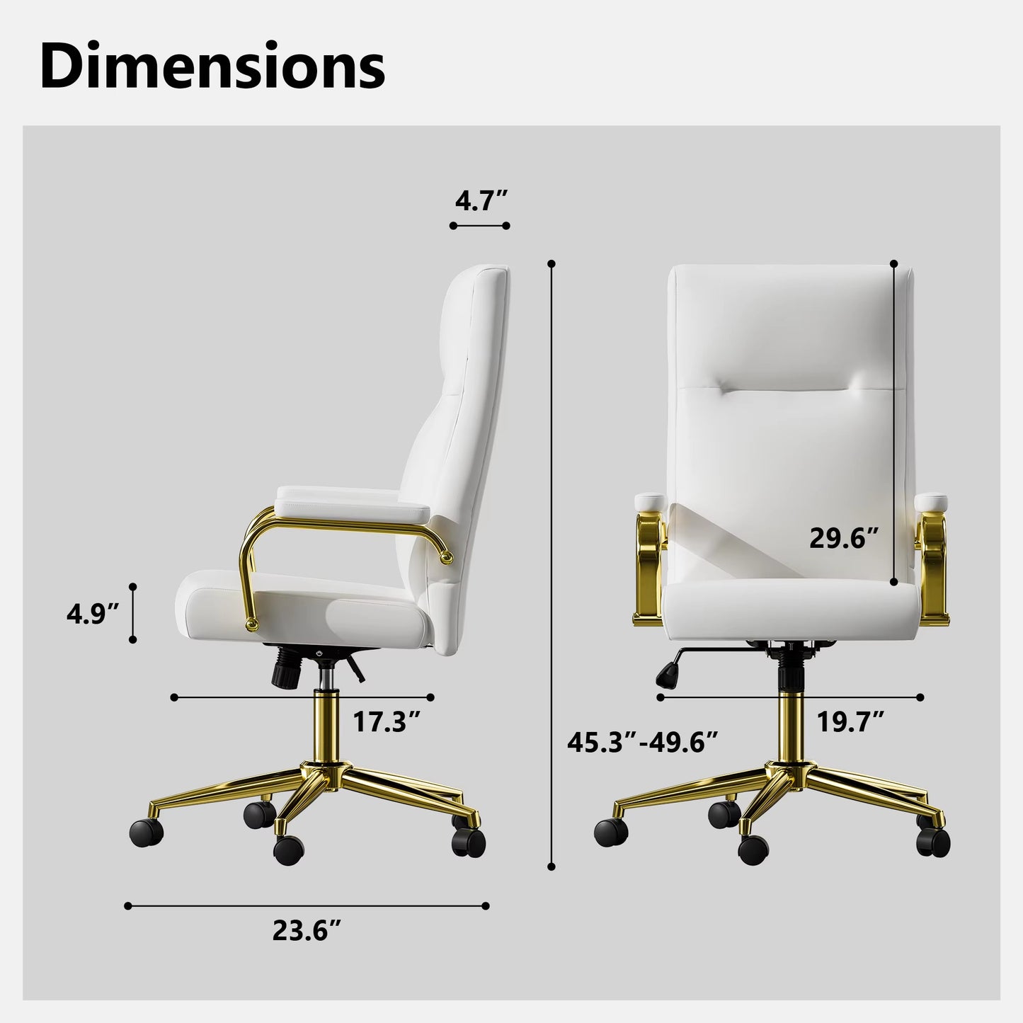 Dimension of a  white Executive Office Desk Chair sold on WorkZen Interiors