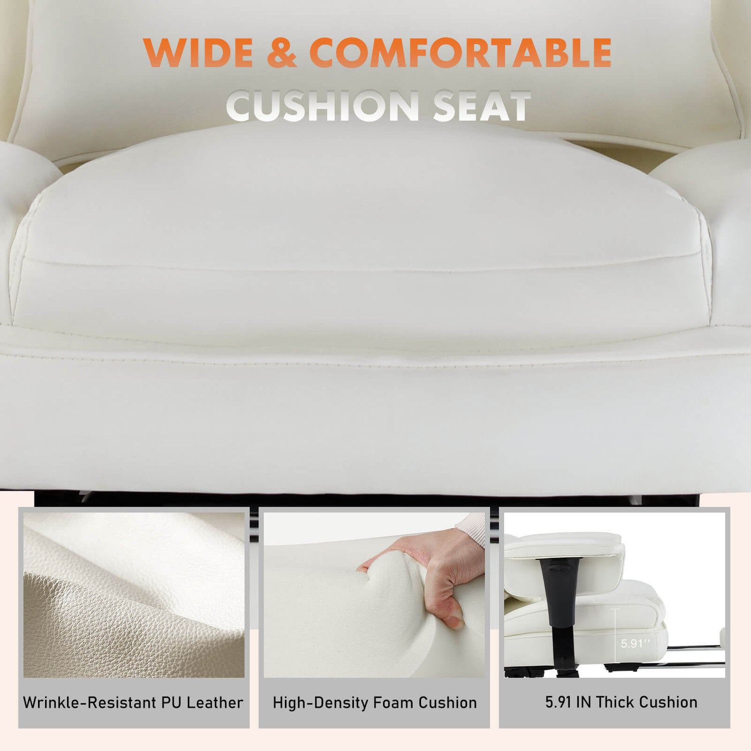 A white executive office chair showing the composition of the cushion