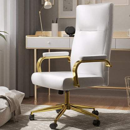 A white executive office desk chair sold by WorkZen Interiors